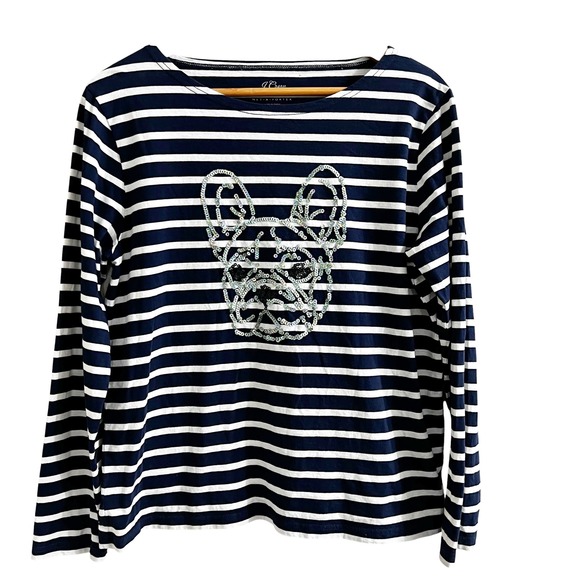 J.Crew Tops - J.Crew Net-A-Porter Women Navy White Striped Sequin French Bulldog Tee M